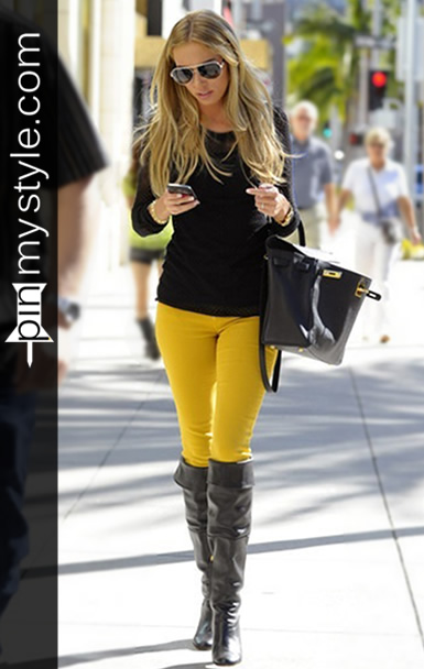 Black and Yellow Skinny Jeans for Women with Black Boots